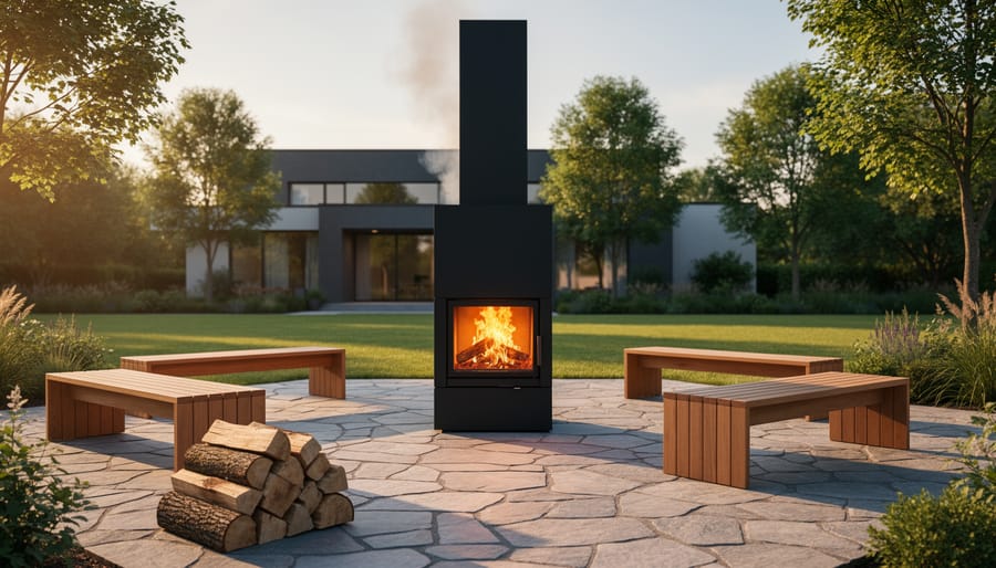 Black steel freestanding outdoor fireplace with tall chimney on natural stone pavers, flame burning and smoke vented upward, low benches and neatly stacked seasoned hardwood logs nearby, with a modern home and trees safely set back in the background at golden hour.