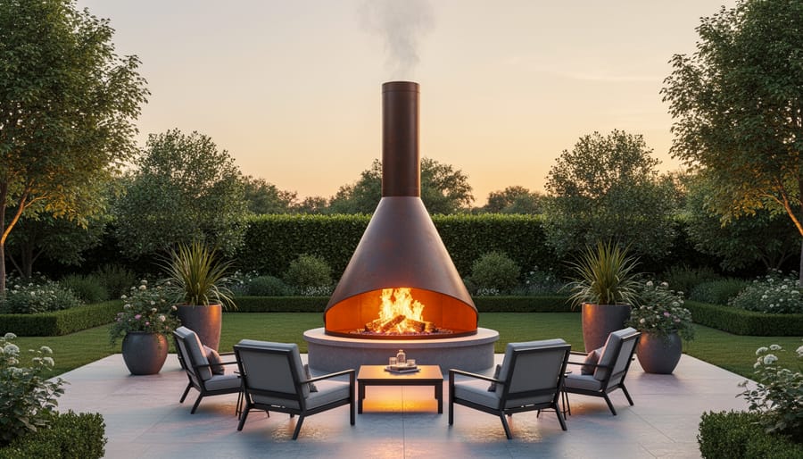 Black freestanding outdoor fireplace with chimney on patio with fire burning