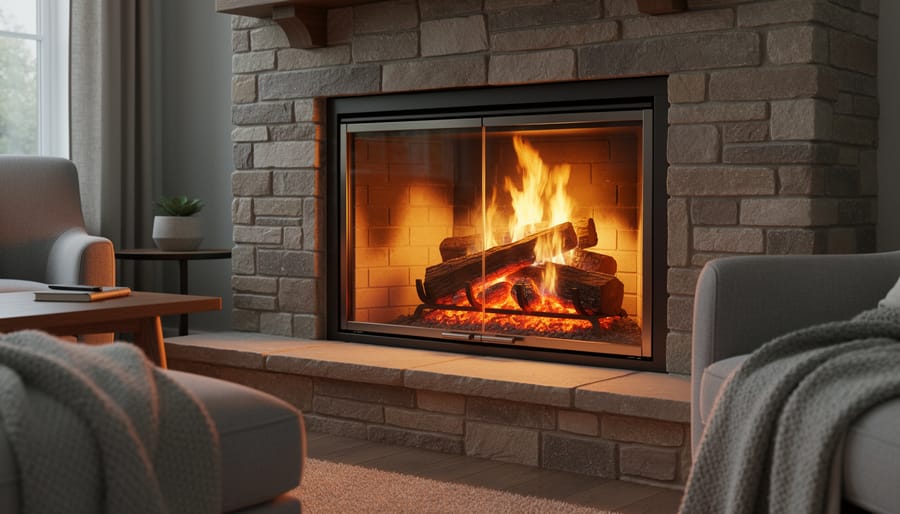 Modern wood-burning fireplace with bright flames in contemporary living room