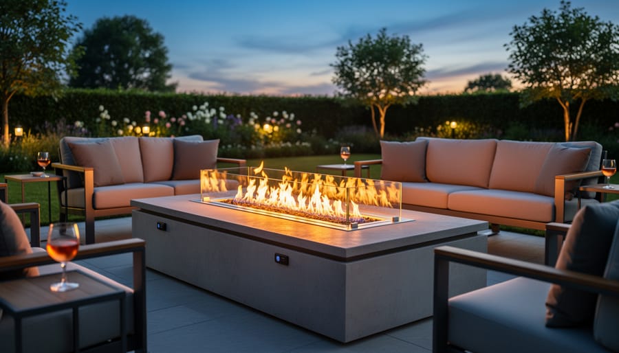 Modern gas fire pit with blue flames on patio at dusk