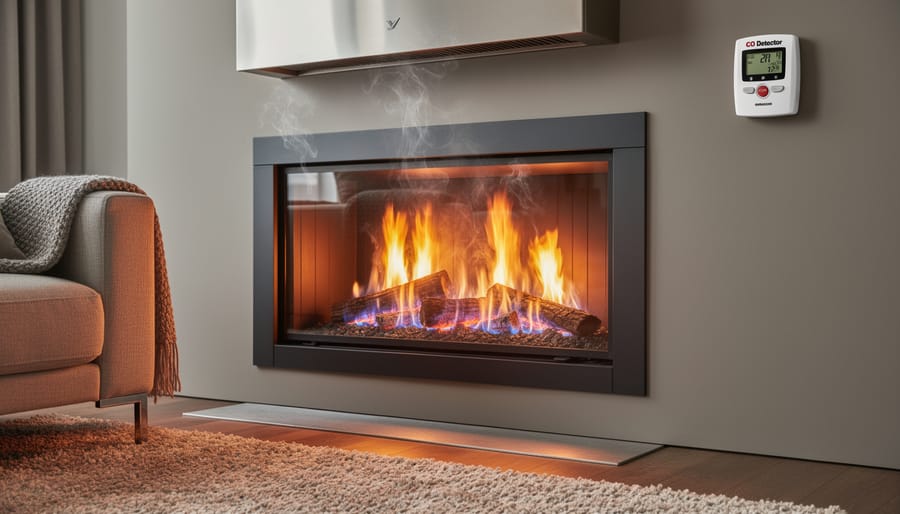 Modern gas fireplace with blue flames burning in contemporary living room setting