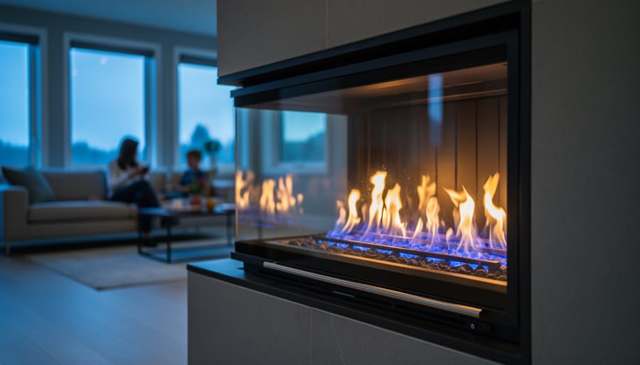 Eye-level view of a modern gas fireplace with blue flames behind glass in a contemporary living room; fireplace sharp, closed windows and family area softly blurred in the background under evening side lighting.