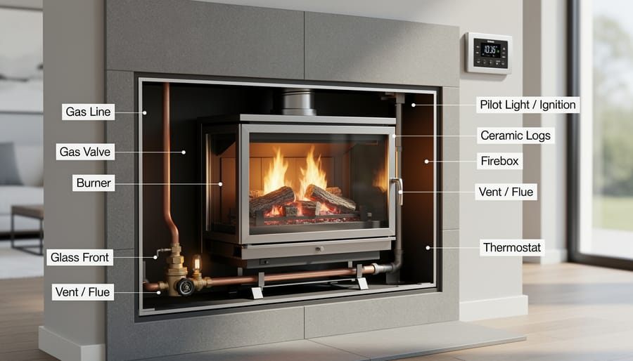 Internal components of gas fireplace showing valve, thermocouple, pilot light, and igniter assembly