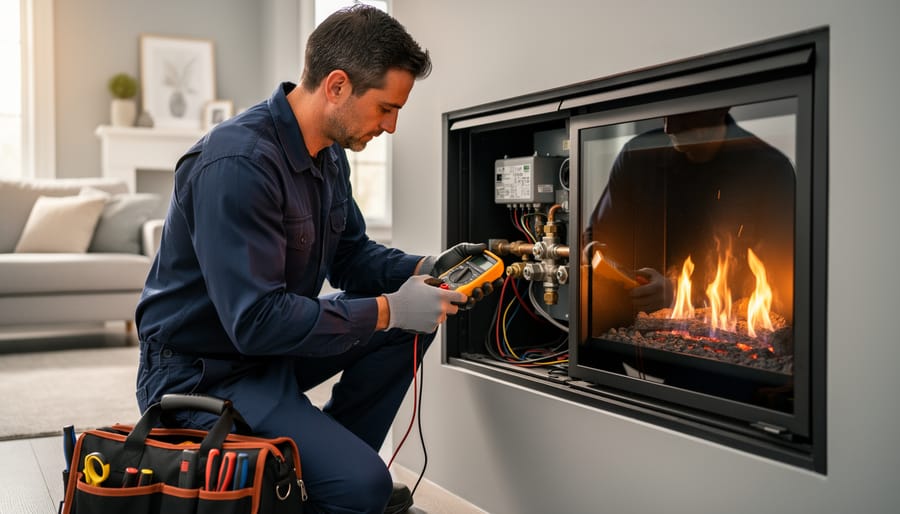 Licensed technician kneels beside a modern gas fireplace, testing the control compartment with a multimeter as warm flames glow above, tools nearby and a softly blurred living room in the background.