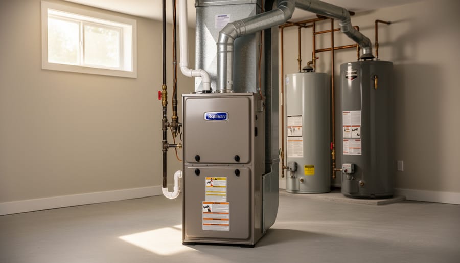 Modern residential gas furnace installed in basement with visible gas line connections