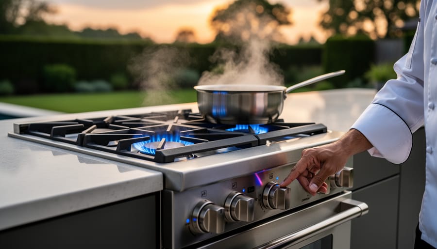 Close-up of hands adjusting outdoor gas stove controls with blue flames visible