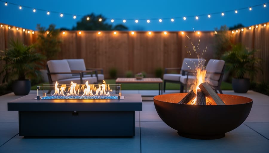 Two backyard fire pits at twilight—a sleek gas fire table with steady flames beside a round wood-burning pit with crackling logs and faint sparks—surrounded by seating, string lights, and potted plants.