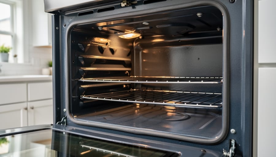 Interior view of GE electric oven cavity showing self-clean surfaces