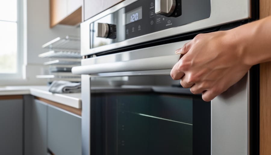 Hand testing the door latch on a stainless-steel electric oven, with removed oven racks blurred on the kitchen counter in the background