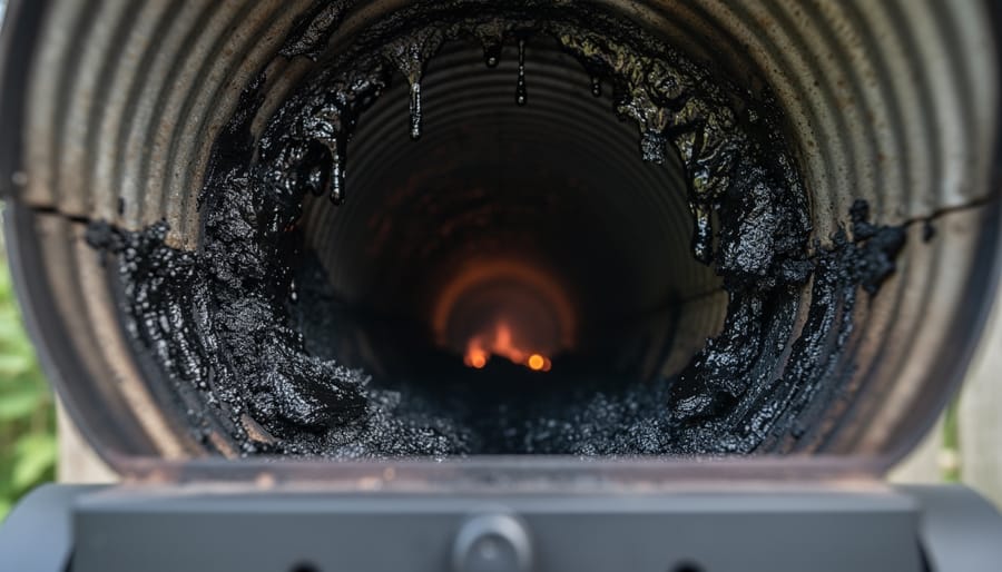 Close-up of thick black glazed creosote deposits coating the inside of a chimney flue