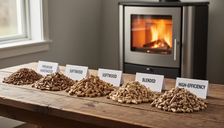 Close-up comparison of hardwood and softwood pellets showing texture and color differences
