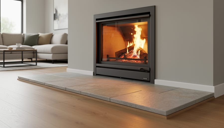 Close-up of stone tile hearth extension in front of fireplace opening