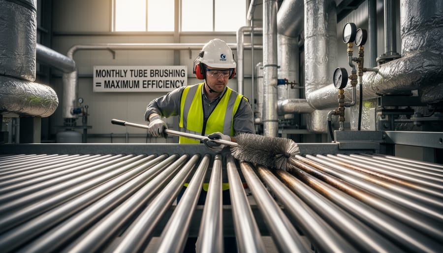 Heat exchanger cleaning brush positioned near pellet stove internal tubes