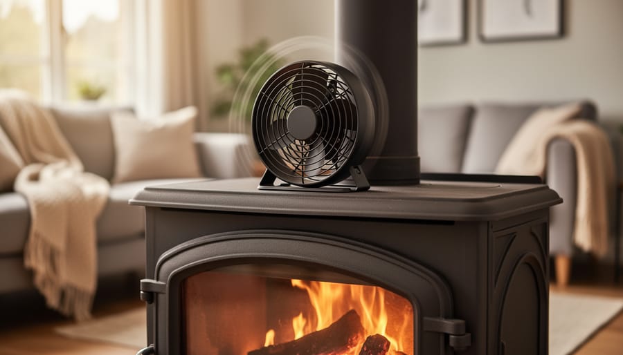 Heat-powered fan with black blades mounted on top of wood stove for improved air circulation