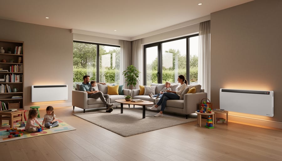 Family enjoying warmth in spacious living room with strategically placed heater