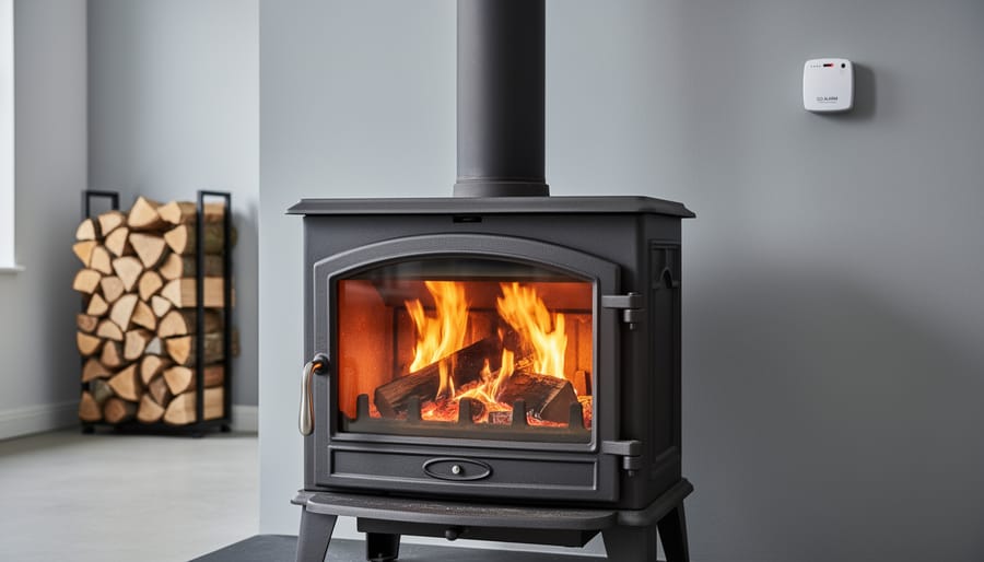 Wood-burning stove with closed glass door and glowing fire, clear space around it, carbon monoxide detector on nearby wall, flue pipe above, and seasoned firewood stacked on a distant rack in a tidy living room.