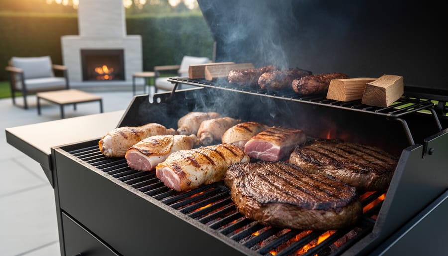 Backyard smoker at golden hour cooking pork tenderloin, chicken thighs, and tri-tip over a two-zone fire with small wood chunks and clean blue smoke, patio and outdoor fireplace softly blurred in the background.