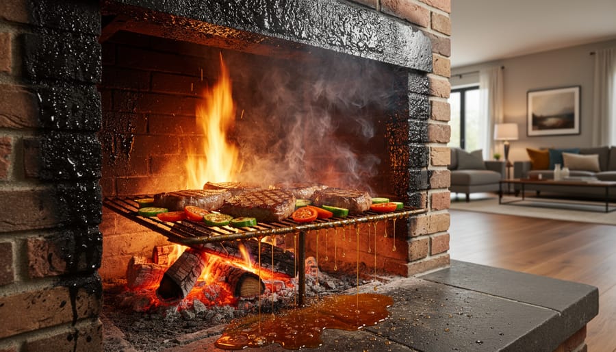 Cast iron grill positioned inside brick fireplace with flames underneath and food cooking