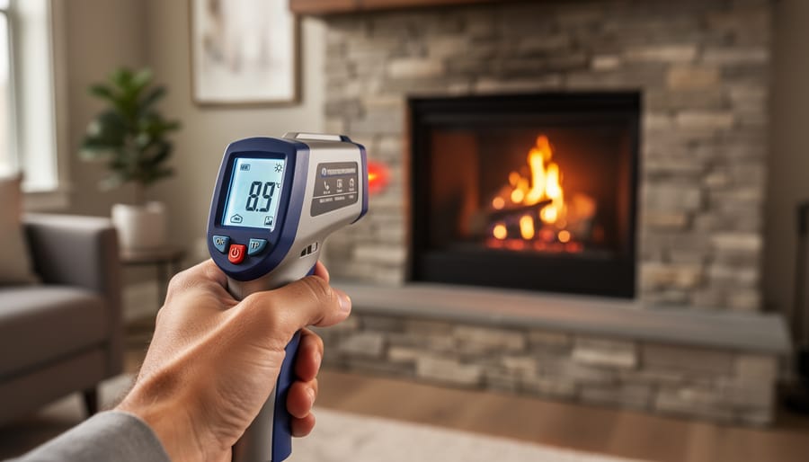 Person using infrared thermometer to measure brick fireplace temperature