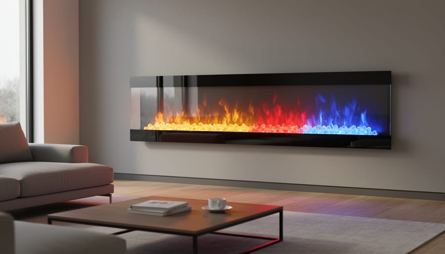 Close-up of realistic LED flame effects and glowing ember bed in electric fireplace