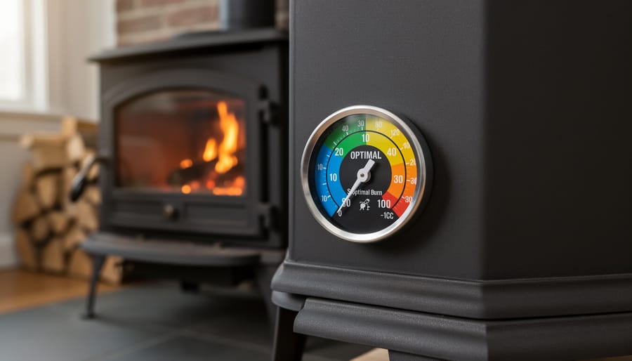 Magnetic thermometer with color-coded zones attached to fireplace stovepipe