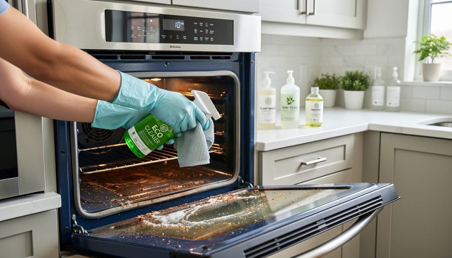 Person cleaning oven interior manually with natural cleaning solution and cloth