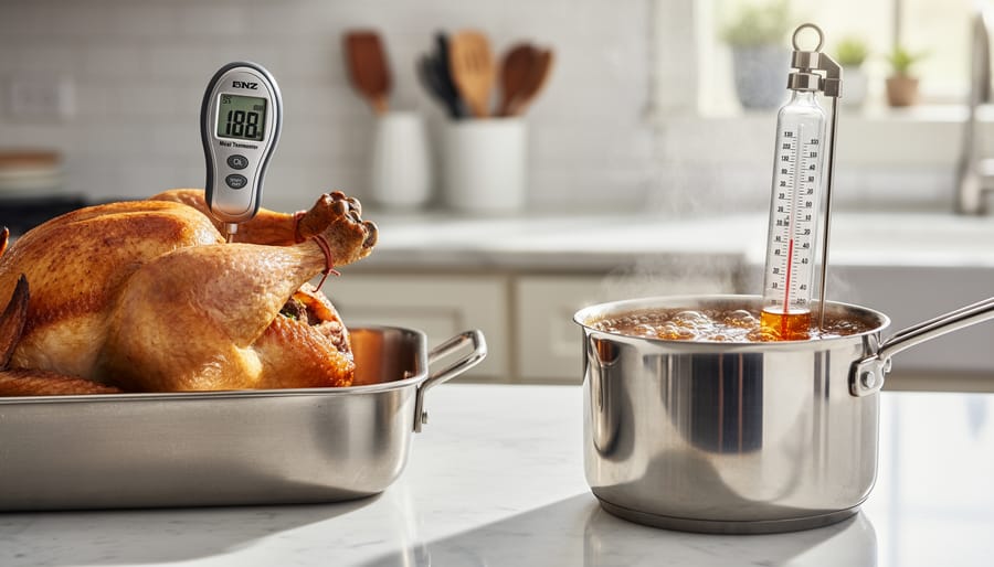 Side by side comparison of meat thermometer and candy thermometer on wooden kitchen counter