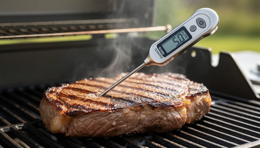 Digital meat thermometer being inserted into grilled steak near fireplace