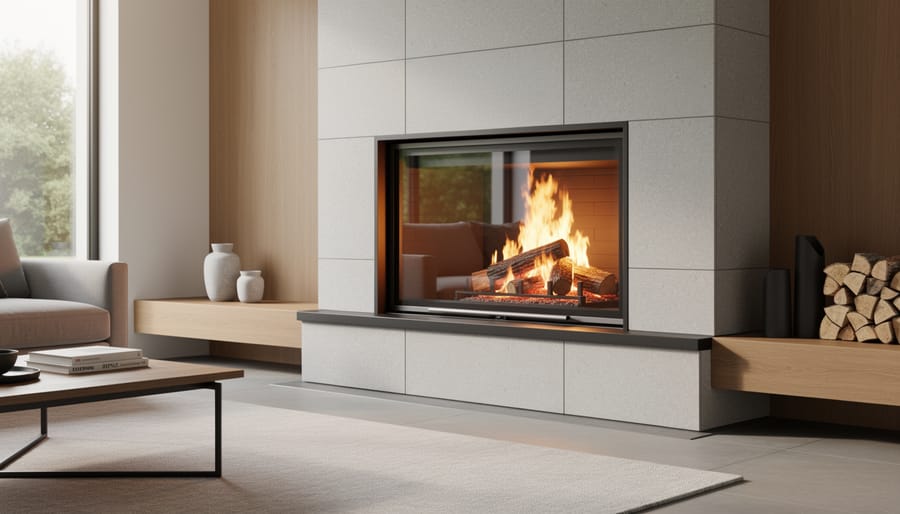 EPA-certified fireplace insert with active fire burning in traditional brick fireplace