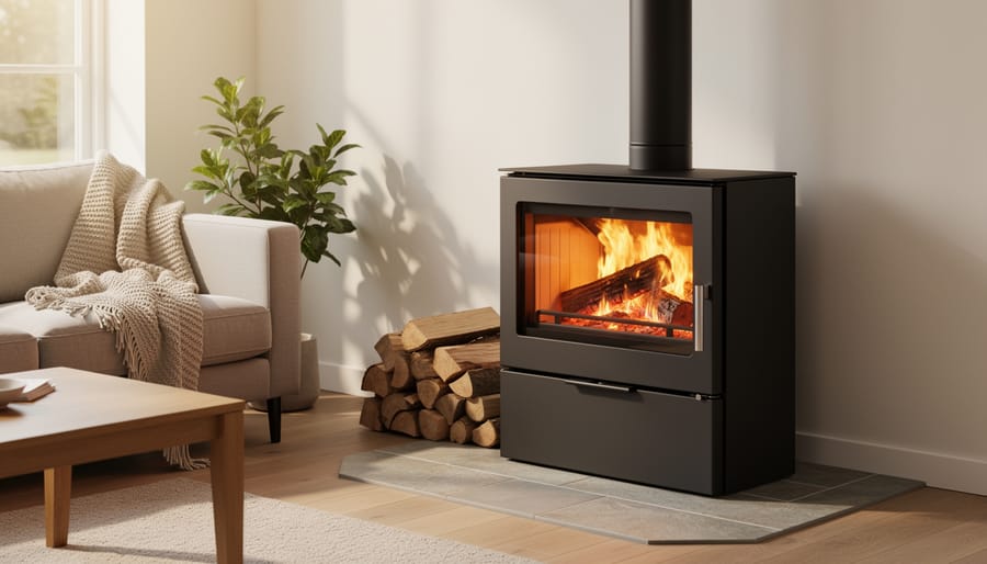 Modern cast iron wood stove with visible flames through glass door in contemporary living room