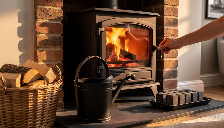 Cast-iron multi-fuel stove with flames on a brick hearth, wicker basket of logs, black coal scuttle, and tray of smokeless briquettes in the foreground, person’s hand adjusting the air vent, softly blurred cozy living room behind.