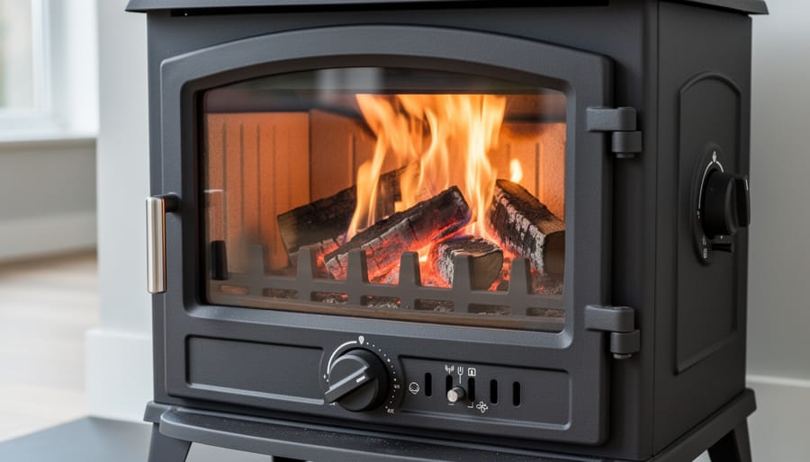 Modern multi-fuel stove with visible grate system and burning fire through glass door