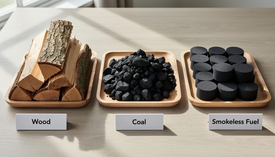 Comparison of multi-fuel stove fuel types including seasoned wood, coal, and smokeless briquettes