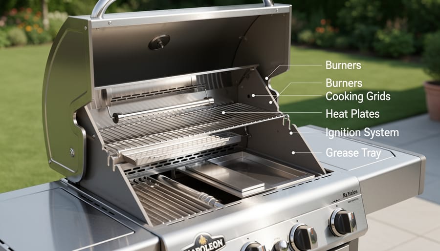 Overhead view of Napoleon grill internal components including burners and heat distribution parts