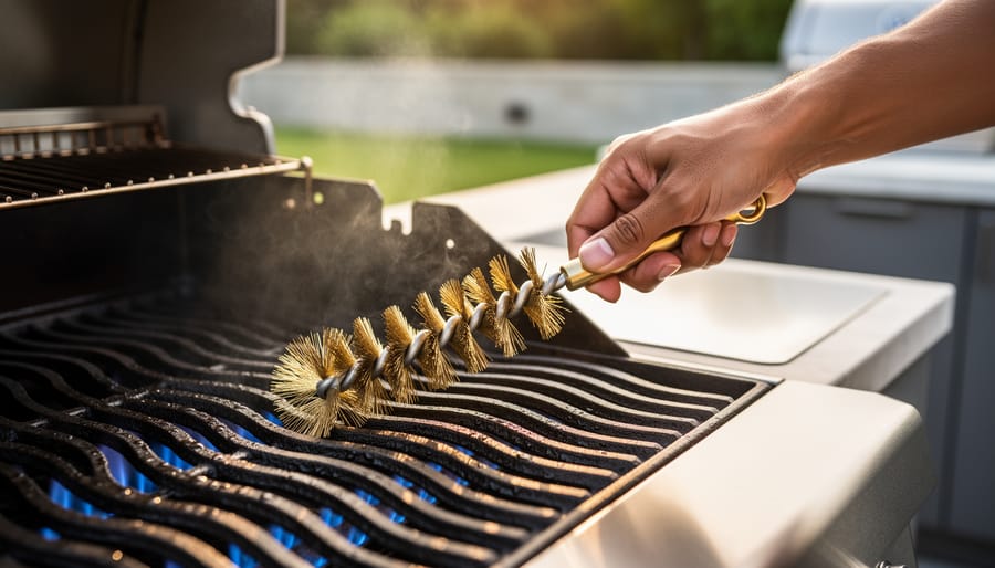 Close-up of a hand using a brass brush to clean warm stainless-steel grates on a premium gas grill at golden hour, faint blue flames below and soft steam rising, with a blurred patio and greenery in the background, no visible logos.