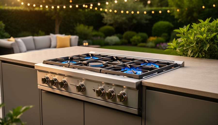 Stainless steel built-in natural gas outdoor stove with multiple burners lit blue on a modern patio kitchen island at golden hour, with seating, string lights, and plants softly blurred in the background.