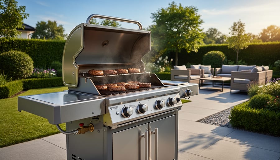 Stainless steel natural gas outdoor stove with multiple burners on backyard patio