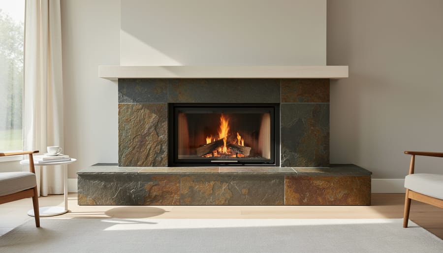 Close-up detail of natural slate stone fireplace hearth showing texture and mineral patterns