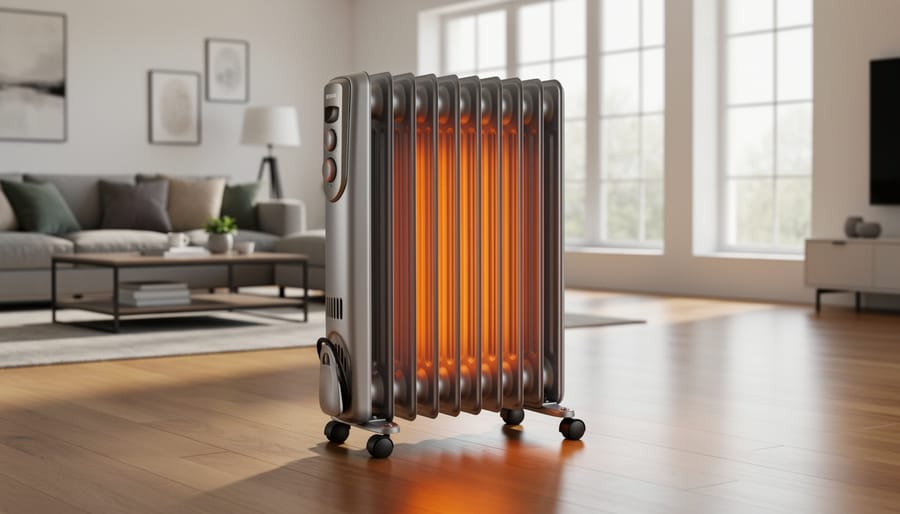 White oil-filled radiator heater on hardwood floor in modern room