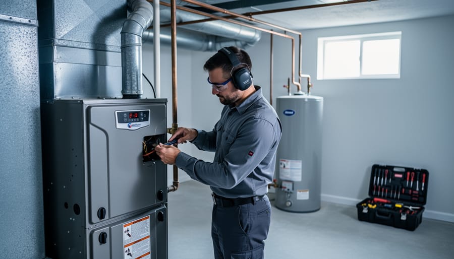 HVAC technician installing a high-efficiency gas furnace in a residential basement, with an old oil tank, ductwork, and gas line components softly blurred in the background, conveying an oil-to-gas heating conversion.