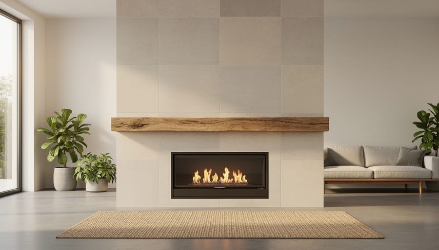 Organic modern living room with a frameless bioethanol fireplace set in a limestone surround, live-edge salvaged wood mantel, neutral handcrafted tile accents, soft natural daylight, minimalist sofa, woven rug, and indoor plants.