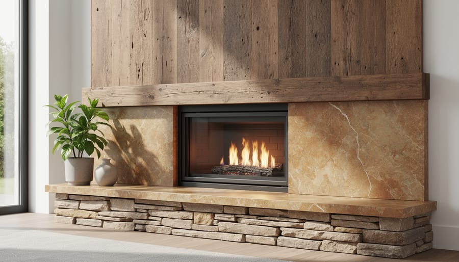 Organic modern living room with limestone fireplace surround and reclaimed wood mantel