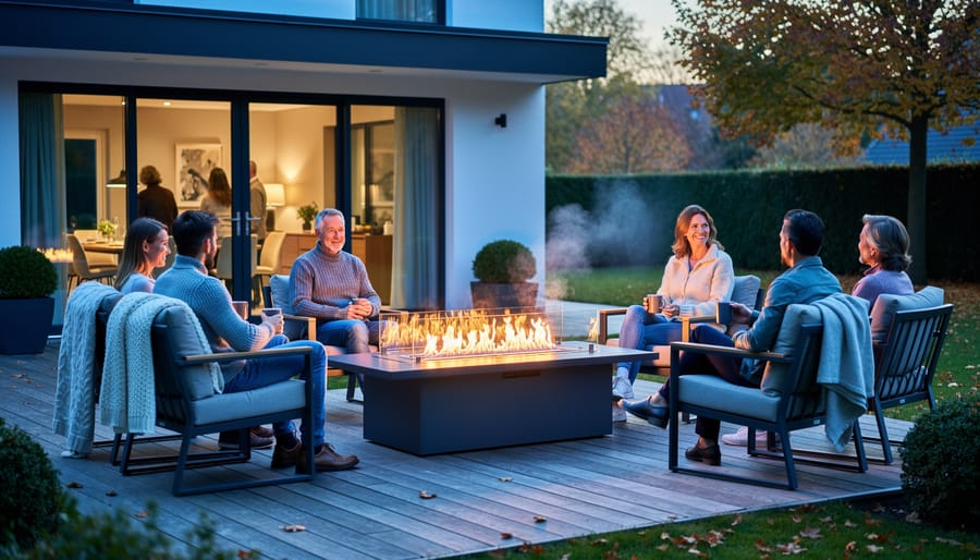 Family enjoying outdoor fireplace on patio during cool evening