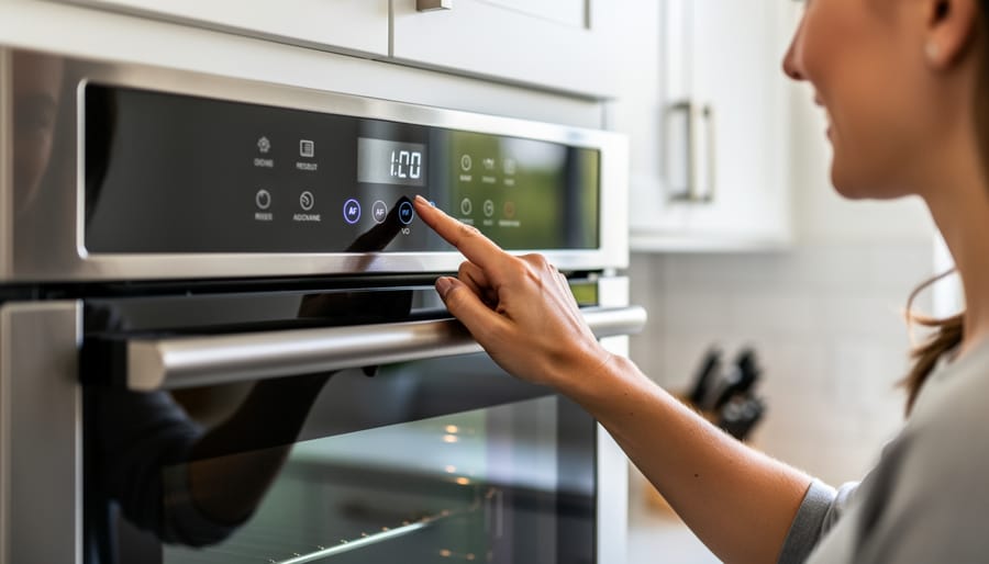 Hand pressing control panel buttons on GE electric oven display