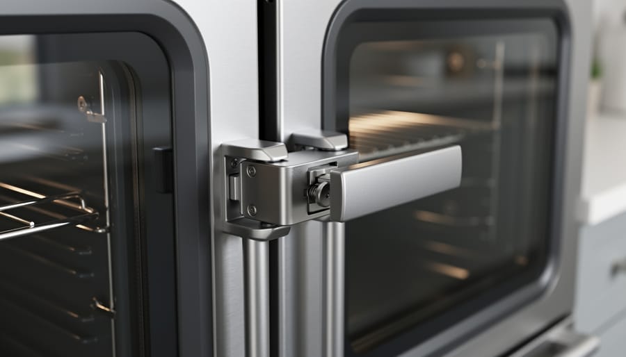 Close-up of GE oven door latch mechanism showing metal hook and striker components