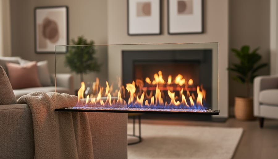 Pellet stove with clean glass door showing visible flames inside