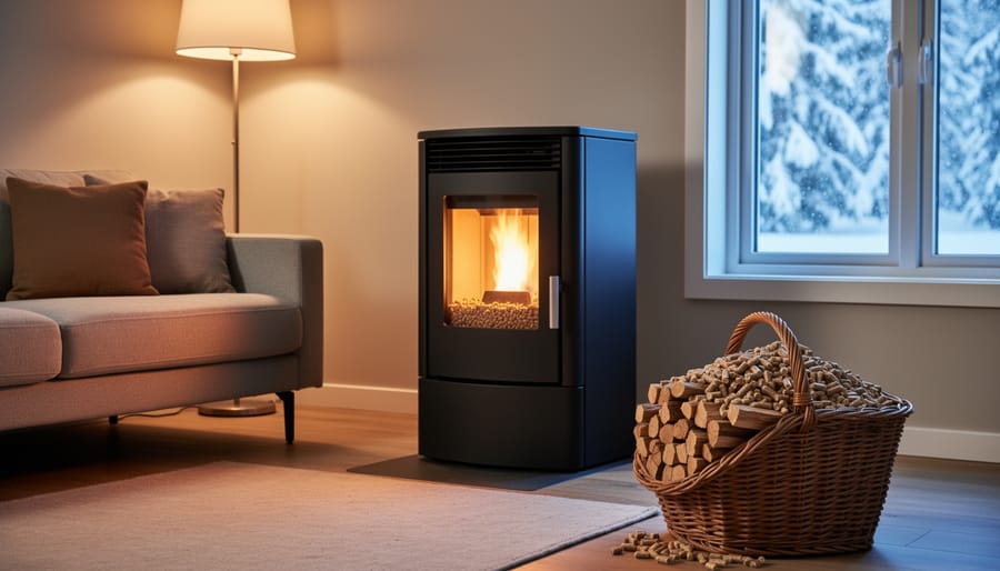 Modern black pellet stove burning with a clean flame in a cozy living room, a basket of hardwood pellets beside it, and snow-covered trees softly visible through a sealed window.