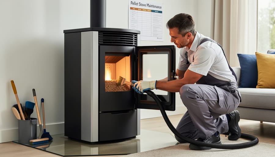 Homeowner performing routine ash cleaning maintenance on pellet stove firebox