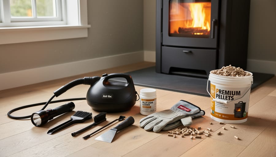 Collection of pellet stove maintenance tools organized on wooden surface