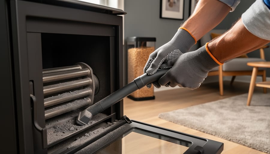 Gloved hands use a vacuum hose to remove ash from the heat exchanger tubes inside an open pellet stove, with a softly lit living room blurred in the background.